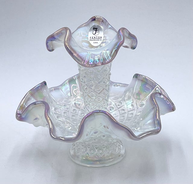 Vintage Fenton Diamond Lace Aqua Crest Opalescent Art Glass Epergne –  Carnival Glass